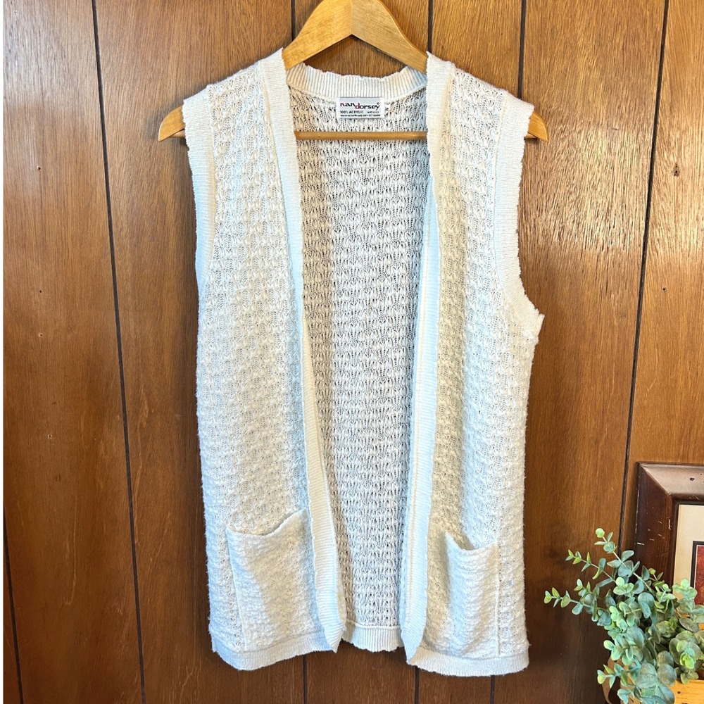 Nan Dorsey Vintage Knit Vest Sleeveless Cardigan Small Ivory Cottagecore Pockets